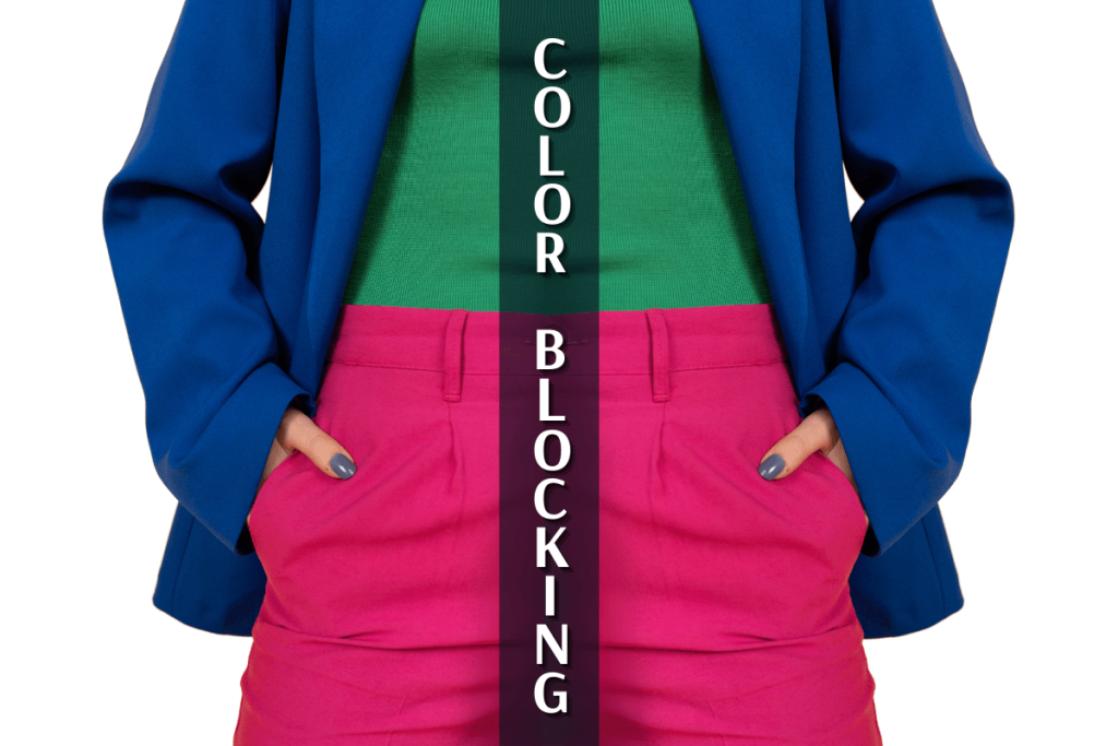 nő color blocking stílusban öltözve